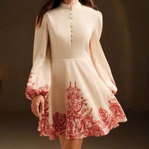 Elegant Cream and Red Patterned Dress